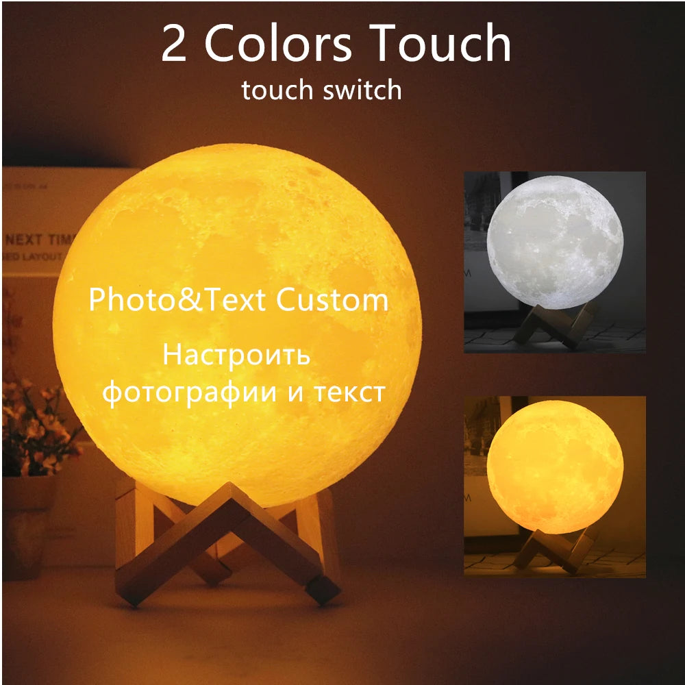 Photo/Text Custom 3D Printing Moon Lamp Night Light Customized Personalized Lunar USB Rechargeable Lamp Touch/Tap/Remote Switch