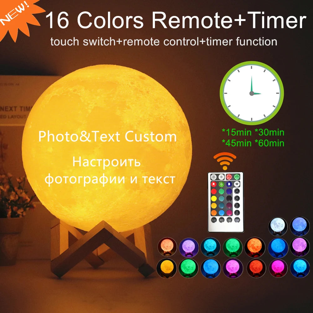 Photo/Text Custom 3D Printing Moon Lamp Night Light Customized Personalized Lunar USB Rechargeable Lamp Touch/Tap/Remote Switch
