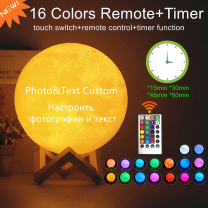 Photo/Text Custom 3D Printing Moon Lamp Night Light Customized Personalized Lunar USB Rechargeable Lamp Touch/Tap/Remote Switch